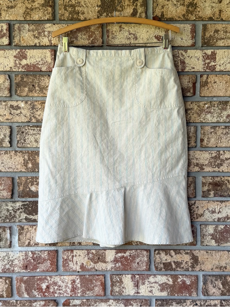Les Olivades Skirt Women’s Size 8 Or 40 Tan & Turquoise Stripe Pockets Ruffle
